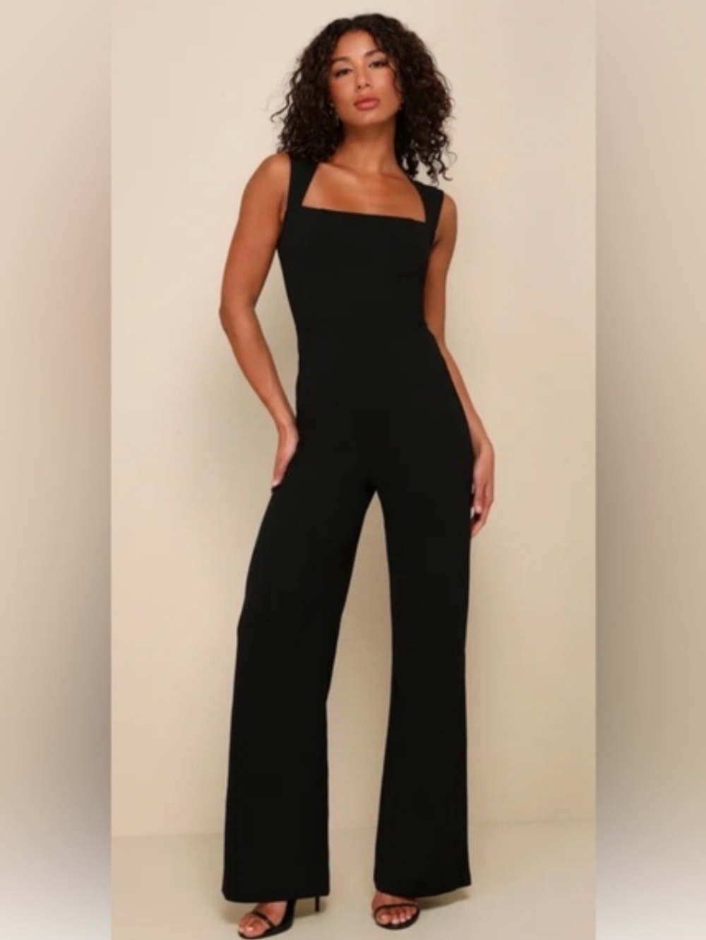 Lulus Large Enticing Endeavors Black Jumpsuit Sleeveless Square Neckline